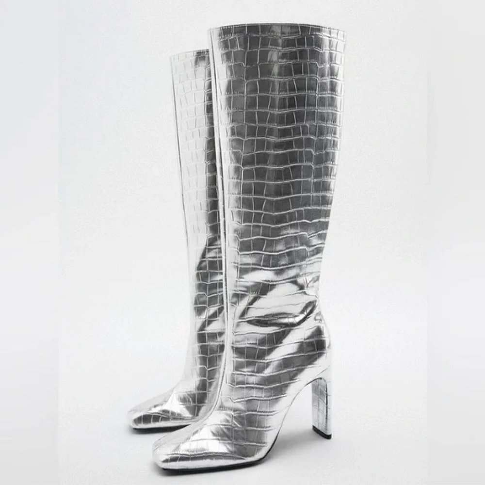 BLOGGER'S FAVE! Zara Embossed Square Toe High Heel Knee High Boots Silver NWT - Picture 3 of 17